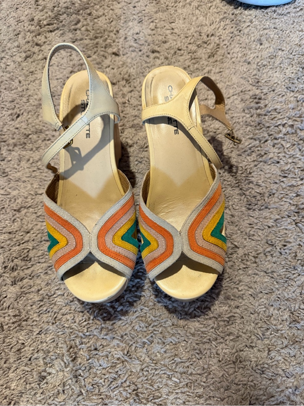Charlotte Stone Yellow Platform Sandals with Green and Orange Stripes - Picture 2 of 2